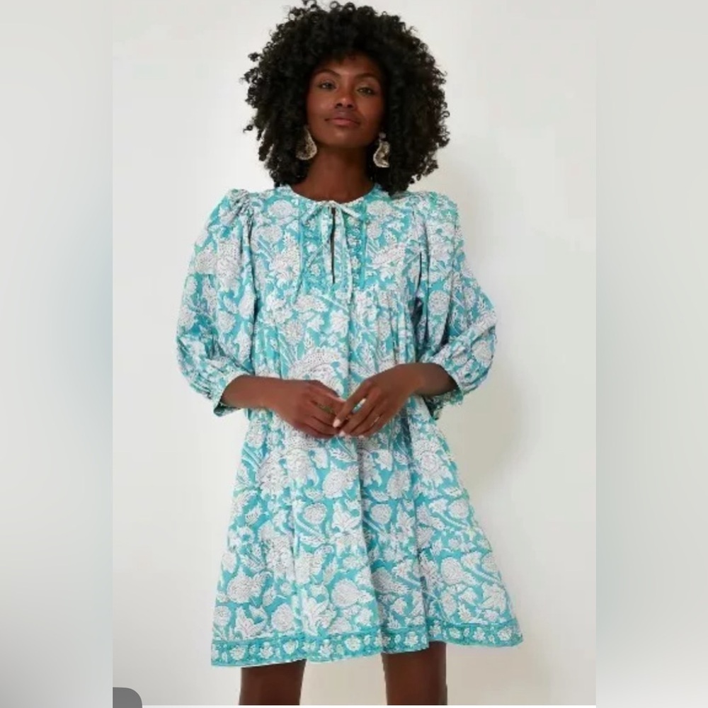 Tuckernuck x Marea Dress Turquoise Casita Mini Ballon Sleeve Tiered M  Read B9